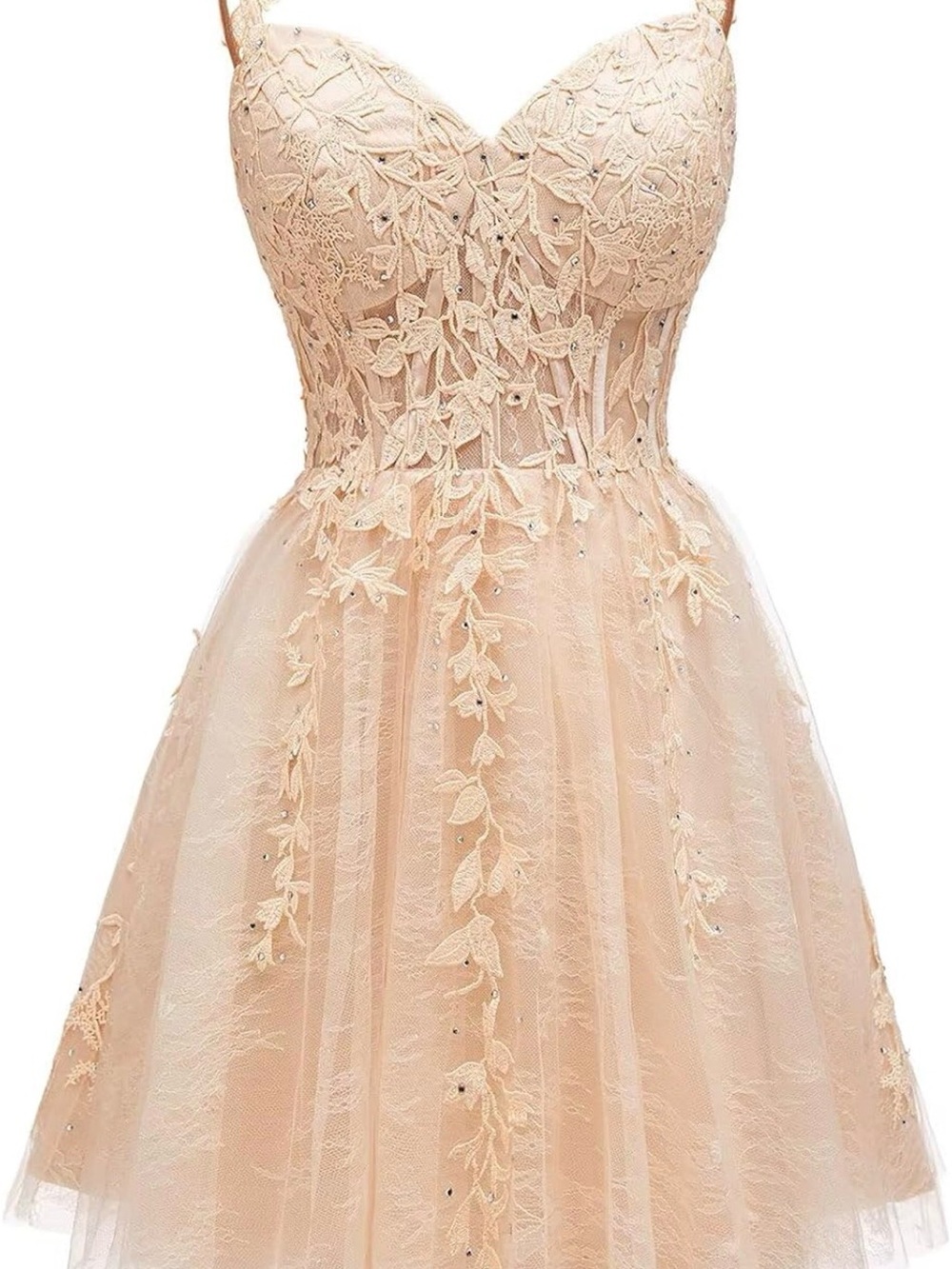 Amazon Blush Lace Appliqué Tulle A-Line Prom Dress with Sweetheart Neckline